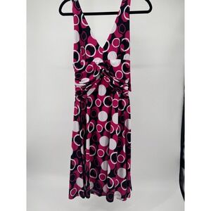 Snap Women Pink Black White Circle Print Halter V-Neck Ruched‎ Mini Dress Size M